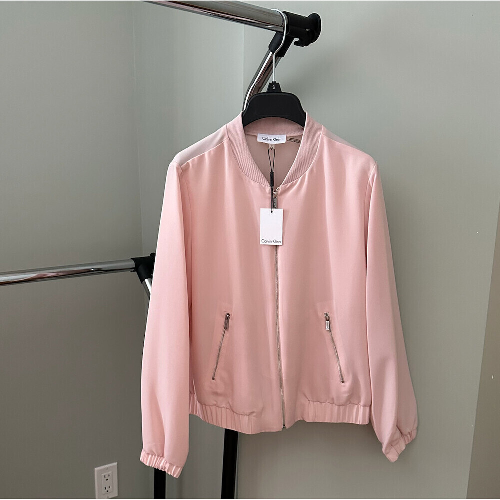 Calvin Klein Zip Up Sheer Satin Bomber Jacket In Blush Pink Size M 150$ - Picture 12 of 12